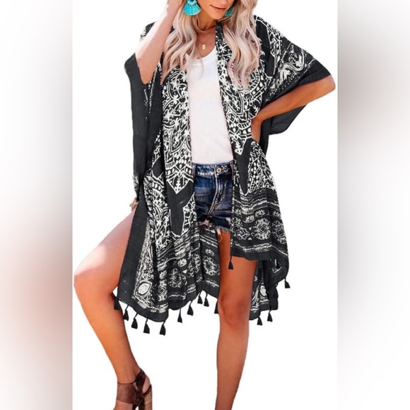 Catalina Other - CATALINA Mandala Print Women’s  Kimono Black White Fringes Tie Front Cover up L